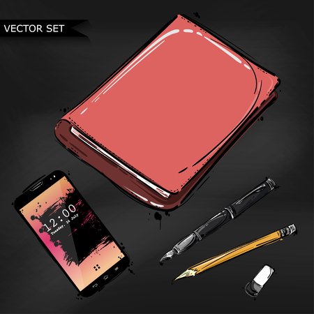 Vector abstract illustration with notebook, pencil, pen, stick and mobile phone. Background for design of postcard, banner, poster and other. Business and office.のイラスト素材