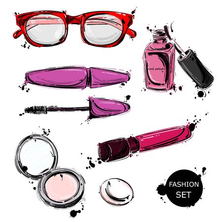 Vector abstract illustration with sunglasses, mascara, lip gloss, nail polish, powder. Fashion illustration. Set.のイラスト素材