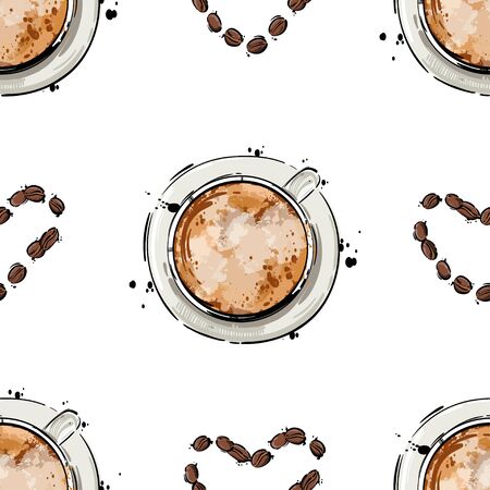 Vector abstract illustration with a mug of coffee and coffee beans. Seamless pattern for the design of fabric, wallpaper, background and other.のイラスト素材