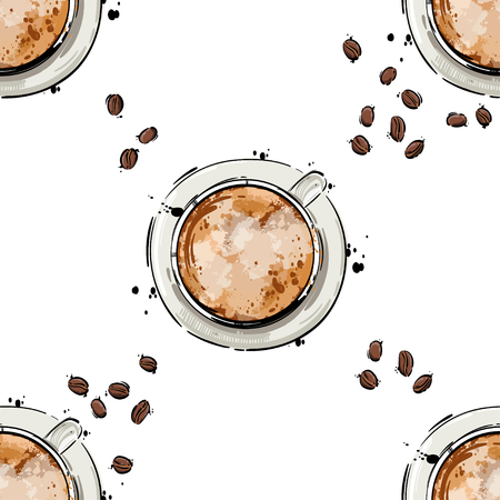 Vector abstract illustration with a mug of coffee and coffee beans. Seamless pattern for the design of fabric, wallpaper, background and other.のイラスト素材