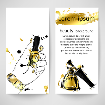 Vector abstract illustration with nail polish. Gold style. Background for banner design, flyers, advertising and other. Fashion illustration.のイラスト素材