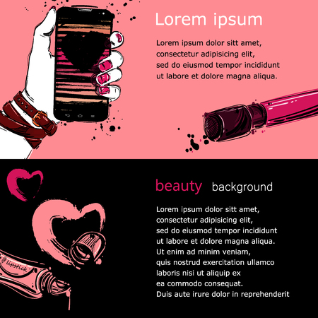 Vector abstract background with lip gloss and mobile phone. Horizontal banners. Fashion illustration.のイラスト素材