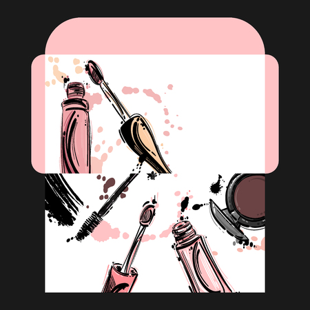 Vector abstract background with glitter for lips, nail polish, eye shadow, mascara. Fashion illustration. The envelope. Templateのイラスト素材