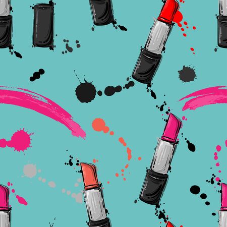 Abstract vector seamless pattern with lipstick, fashionable illustration.のイラスト素材