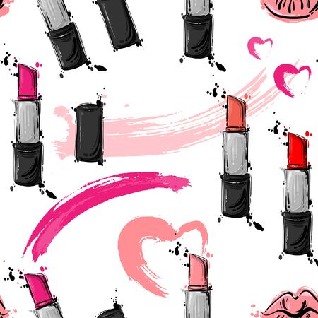 Abstract vector seamless pattern with lipstick, fashionable illustration.のイラスト素材