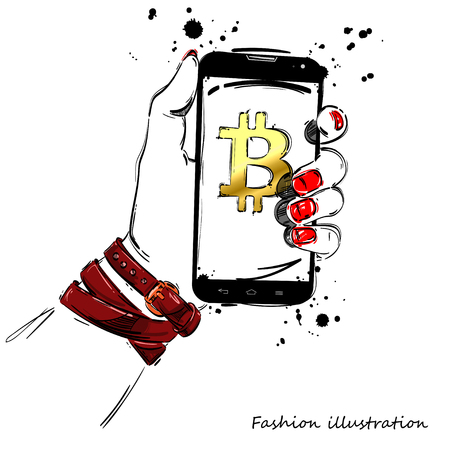 Vector abstract illustration with mobile phone in hand. Bitcoinのイラスト素材