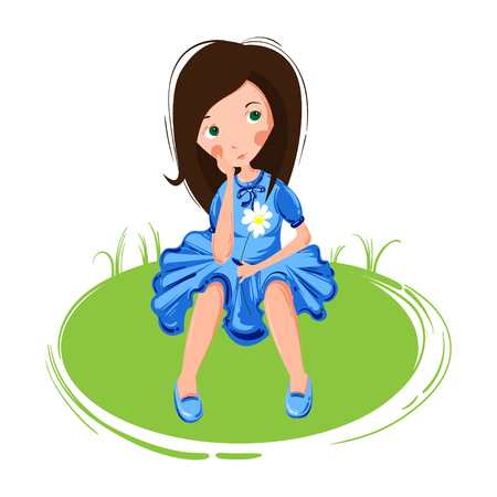 Vector abstract illustration of a dreaming girl on a white background. The girl is sitting on the grass.のイラスト素材