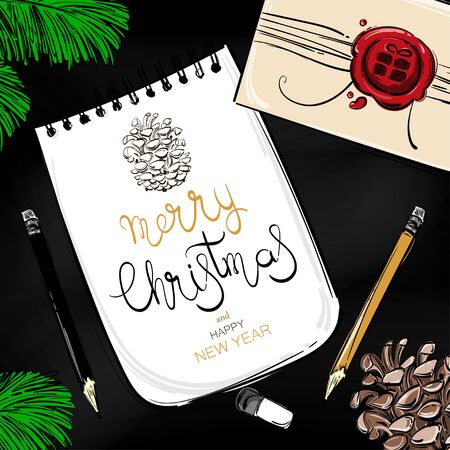 Abstract vector illustration of a New Year desktop. Top view. Christmas background with fir branches, fir cones, a gift, a notebook, a pencil and eraserのイラスト素材