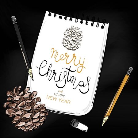 Vector abstract illustration of the desktop. Top view.   Winter background with a fir cone, a notebook, a pencil and eraser.のイラスト素材