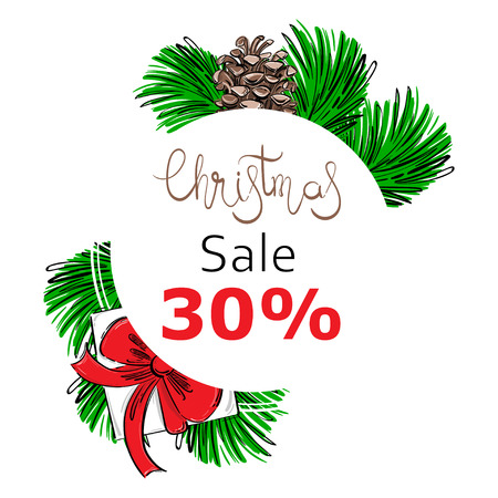 Vector abstract illustration with fir branches, fir cones, gifts. Christmas sale.のイラスト素材