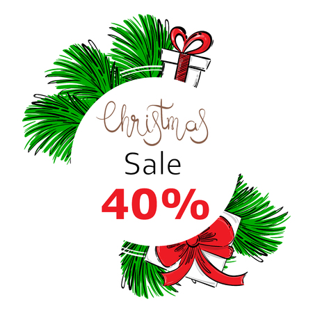 Vector abstract illustration with fir branches, gifts. Christmas sale.のイラスト素材