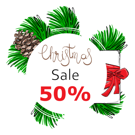 Abstract vector illustration with fir branches, fir cones, gifts, Christmas sale.のイラスト素材