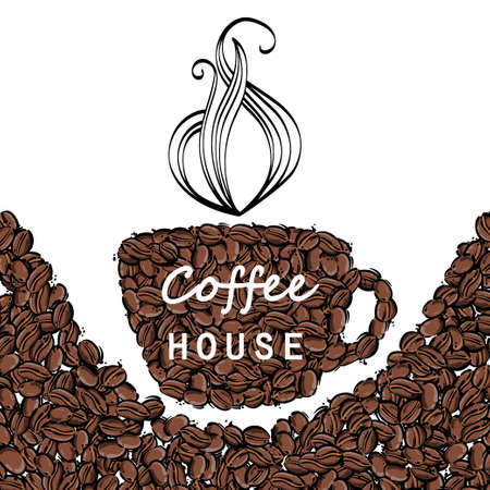 Vector abstract illustration with coffee beans. Coffee house. Coffee background.Cup of coffeeのイラスト素材