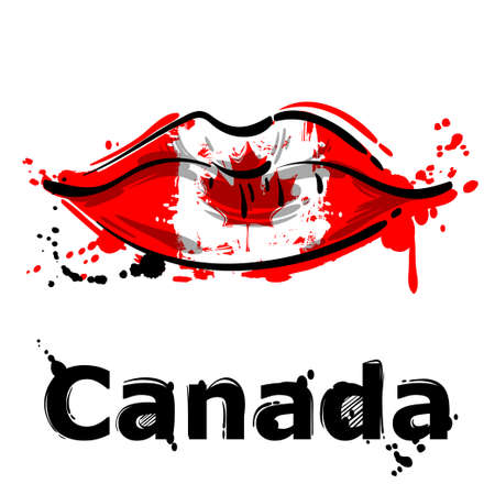 Vector abstract illustration of women's lips. Fashion illustration. Lips with the coloration of the canadian flagのイラスト素材