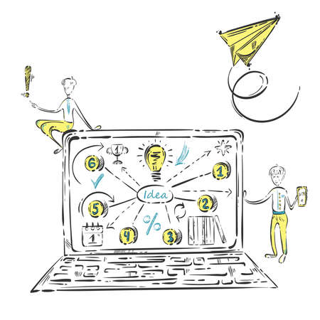 Vector abstract illustration with light bulb, cup, books, quote, numbers, calendar, laptop, airplane, phone and men. ideas.のイラスト素材