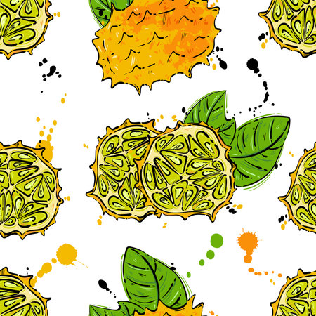 Vector abstract illustration with kiwano. Juicy fruit. Ecoのイラスト素材