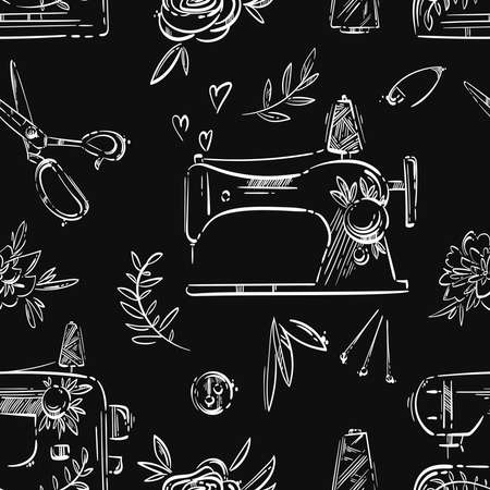 Vector seamless pattern with sewing machine, needle, pin, button, scissors and flowers. hand drawing.のイラスト素材