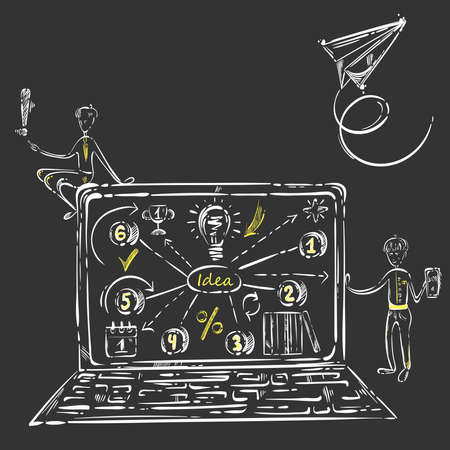 Vector abstract illustration with light bulb, cup, books, quote, numbers, calendar, laptop, airplane, phone and men. ideas.のイラスト素材