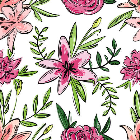 Vector abstract seamless pattern with roses, lilies, leaves. hand drawing. Flowerのイラスト素材