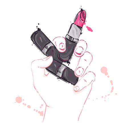 Vector illustration of a hand with lipstick. fashion illustrationのイラスト素材