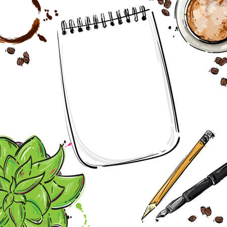 Vector abstract desktop illustration with coffee mug, notebook, pen, pencil and plant. View from aboveのイラスト素材
