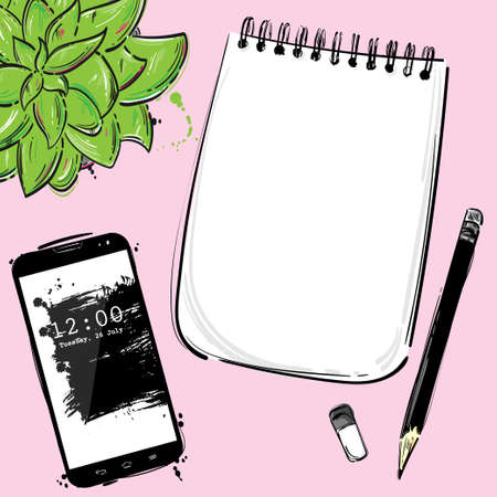 Vector abstract desktop illustration with notepad, smartphone, pencil and plant. View from aboveのイラスト素材