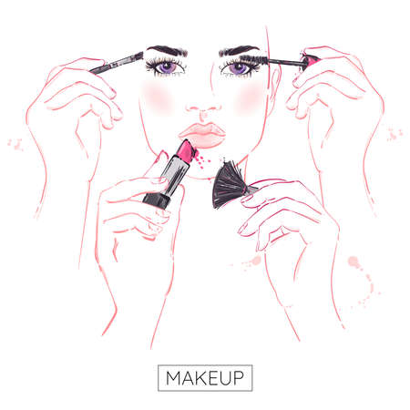 Vector abstract illustration of fashion girl for cover design, poster, banner and other. background with cosmetics. makeup. beauty saloon.のイラスト素材