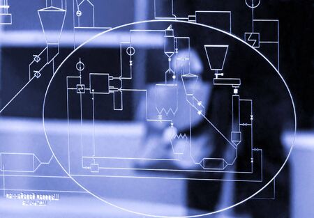 Indutrial blueprint on a glassの写真素材