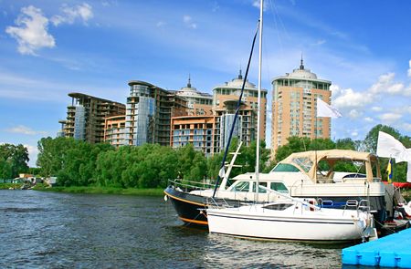 many yachts on the riverの写真素材