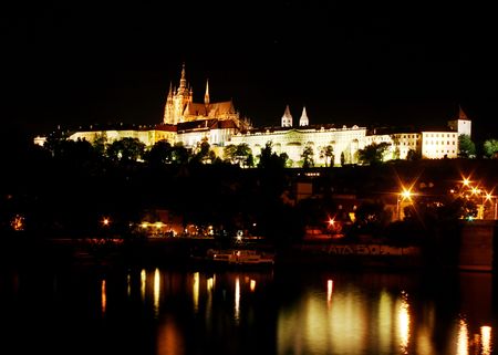 Prague Castle at night,  reflection in the river. Prague, Czech Republicの写真素材