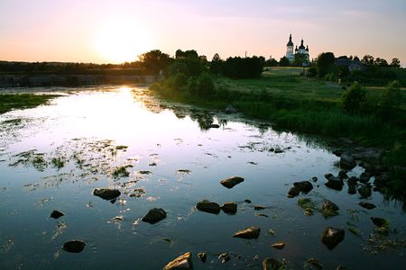 Ros river at sunset. Ukraineの写真素材