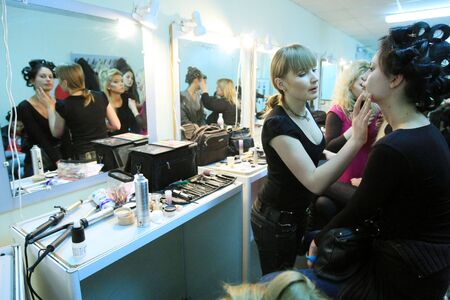 A model gets ready to walk the runway demonstrating an outfit by Iryna Chernyak during the Trade Mark Defile Friday, Feb 29, 2008 in Kyiv. のeditorial素材