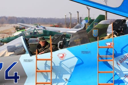 KYIV REGION, UKRAINE - MARCH 28, 2008: Plane stay at the 40th Fighter Aviation Brigade of the Ukrainian Air Force on March 28, 2008  in Kyiv region, Ukraineのeditorial素材