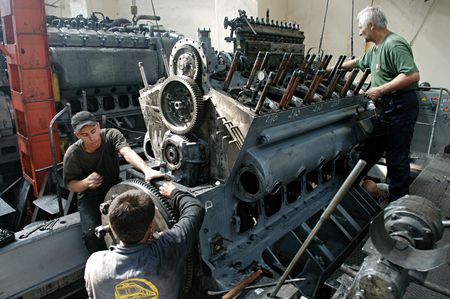 POLTAVA, UKRAINE - SEP 08:  Worker at Poltava " Diesel Locomotive Plant" during open doors day on September 08, 2009 in Polava, Ukraineのeditorial素材
