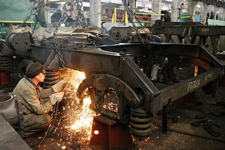 POLTAVA, UKRAINE - SEP 08:  Worker at Poltava " Diesel Locomotive Plant" during open doors day on September 08, 2009 in Polava, Ukraineのeditorial素材