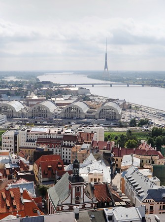 bird's-eye view from Riga cathedral on Old town and Daugava river. Riga, Latviaの写真素材