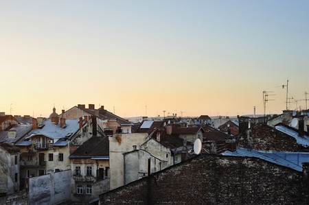 Roof tops of Lviv at sunrise, Ukraineの写真素材
