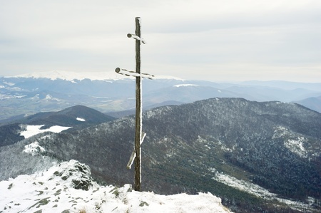 Cross on top of the Carpathian mountain Pikuy. Ukraineの写真素材