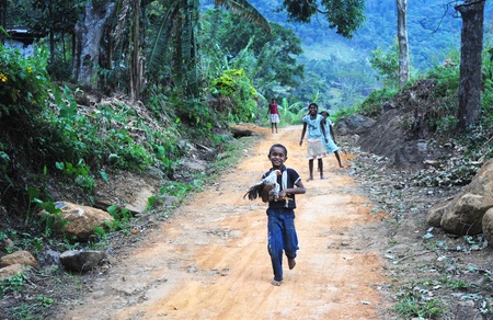 Neluwa, Sri Lanka - January 27, 2011: Sri Lankan boy from small sri lankan village carrying a chicken in his hands and running by the roadのeditorial素材