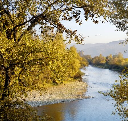 Beautiful autumn mountain river at sunset. Serbiaの写真素材
