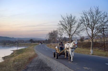 Hateg, Romania - October 25, 2011: Man driving horse cart by the country road. Horse cart on Romanian roads are a kind of landmark.のeditorial素材