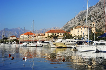 A lot of yachts in Kotor harbor, Montenegroの写真素材