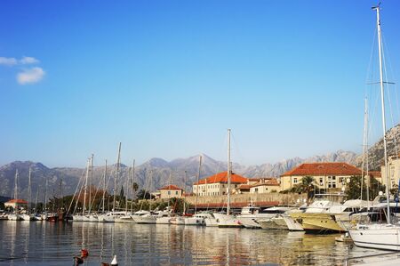 A lot of yachts in Kotor harbor, Montenegroの写真素材