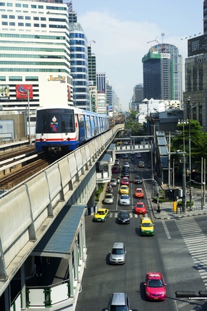Bangkok, Thailand - March 17, 2012: BTS Skytrain  in Bangkok. The Bangkok Mass Transit System, commonly known as the BTS Skytrain, is an elevated rapid transit system in Bangkok. The system consists of 32 stations along two linesのeditorial素材
