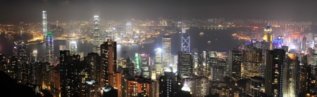 Night panorama of Hong Kong from Victoria peakの写真素材