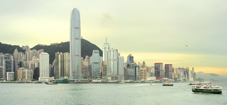 Victoria bay at sunset. Hong Kongの写真素材