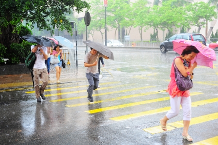 Hong Kong S.A.R. - MAY 20, 2012: People crossing the road in the rain.  With a land mass of 1,104 km and population of 7 million people, Hong Kong is one of the most densely populated areas in the worldのeditorial素材