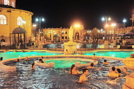 Budapest, Hungary -  October 01, 2012: People have a thermal bath in the Szechenyi spa . Szechenyi...