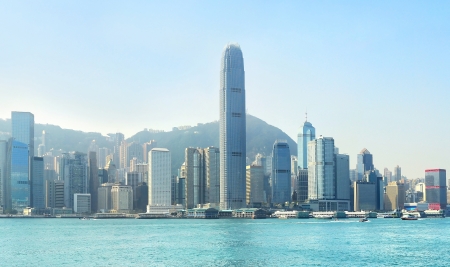 Hong Kong business center with a clear blue skyのeditorial素材