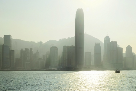 Panorama of Hong Kong at sunset. back lightのeditorial素材